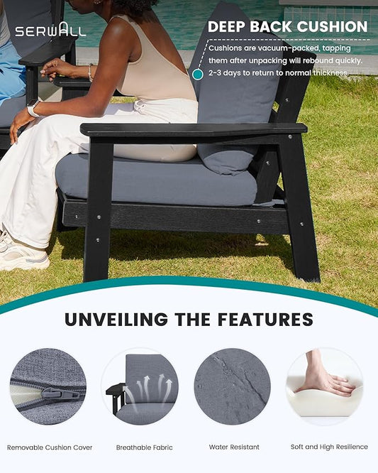 SERWALL HDPE Patio Furniture Set with 15FT Double Side Patio Umbrella, All Weather Wood-Like Outdoor Sofa Sectional Couch, Black Patio Furniture with Grey Cushions