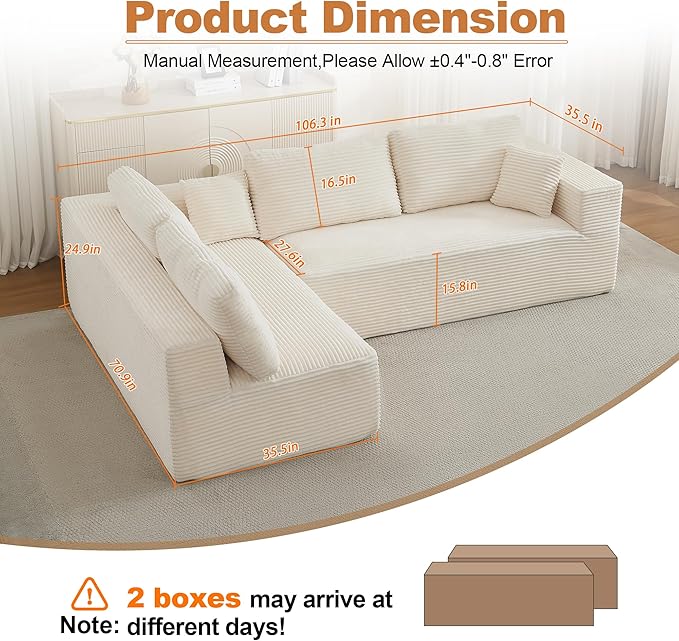 106" Cloud Modular Sectional Sofa Couch,L-Shape Modern Boneless Sectional Couch with Deep Seat,Upholstered Couches for Living Room Bedroom,No Assembly Required,Beige