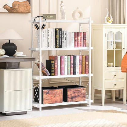 HCHQHS Bookshelf, 4-Tier Industrial Bookcase, White Open Book Shelf, Freestanding Tall Bookshelves with Metal Frame