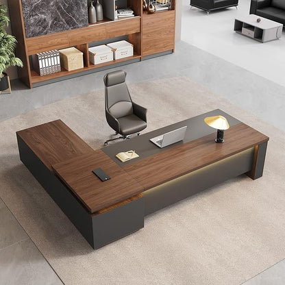 L-Shaped Executive Desk with LED Lights, Lockable Storage & 3-in-1 Charging Station, Reversible Cabinet, Modern Wood Office Desk for CEO, Manager & Home Office(Red Walnut+Black, 87"L*71"W*30"H)