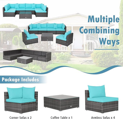 Tangkula 7 Pieces Patio Furniture Set, Patiojoy All-Weather Outdoor Rattan Sectional Sofa Set with Cushions and Tempered Glass Coffee Table, for Garden, Lawn, Backyard (Turquoise)