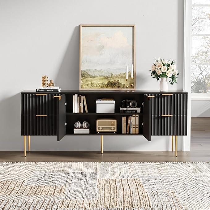 SICOTAS TV Stand for 55/60/65/70 Inch TV - 62 Inch TV Stands for Living Room Entertainment Center with 4 Drawers, Fluted Modern TV Media Console Television Cabinet for Bedroom(Black, 2 Pieces)