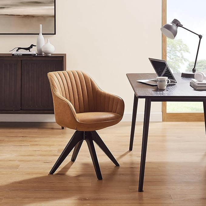 Zouron Mid Century Modern Accent Chair with Black Oak Wood Legs, Upholstered Swivel Chair No Wheels, Side Accent Armchair Vanity Chair for Small Space Home Office Living Room Bedroom, Brown