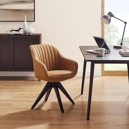 Zouron Mid Century Modern Accent Chair with Black Oak Wood Legs, Upholstered Swivel Chair No Wheels, Side Accent Armchair Vanity Chair for Small Space Home Office Living Room Bedroom, Brown