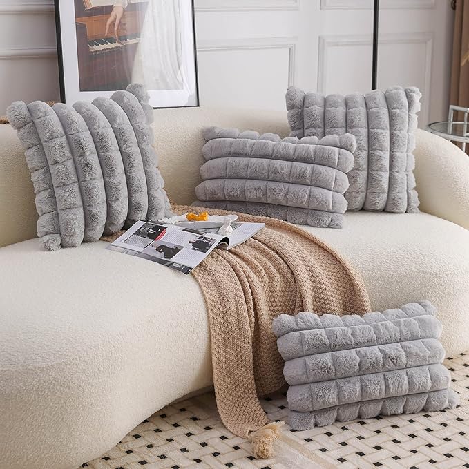 Neelvin Grey Faux Fur Cozy Soft Plaid Decorative Throw Pillow Covers 22x22 inch Set of 2,Velvet Pillowcase Cushion Case for Sofa Couch