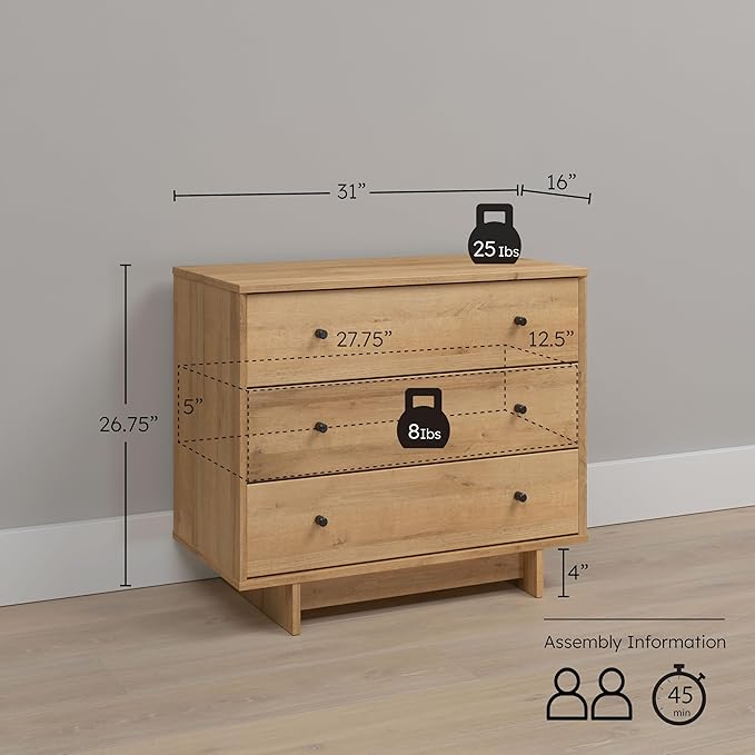 Prepac Finnley 3-Drawer Nightstand in Natural Oak, Extra-Wide Bedside Tables with Storage, Set of 2, Modern End Tables for Home & Bedroom, 16" D x 31" W x 26.75" H