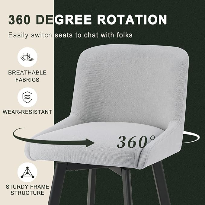 Swivel Bar Stools Set of 4, 26''H Upholstered Barstools with Backs, Modern Counter Height Bar Stool Chairs for Kitchen Island, Metal Legs, Fabric, Light Gray Counter Stools