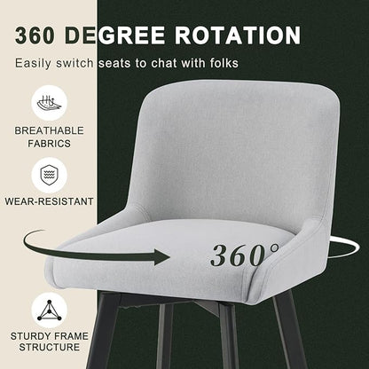 Swivel Bar Stools Set of 4, 26''H Upholstered Barstools with Backs, Modern Counter Height Bar Stool Chairs for Kitchen Island, Metal Legs, Fabric, Light Gray Counter Stools