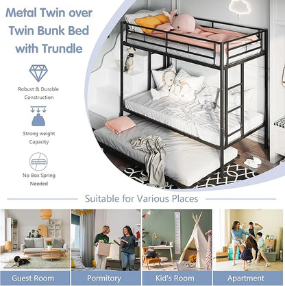 SUNLEI Metal Bunk Beds with Double Secured Ladders, Twin Bunk Bed with Surrounded Safety Guardrails, Space Saver Twin Beds, Noise Free for Small Bedroom, with Trundle Function, Black