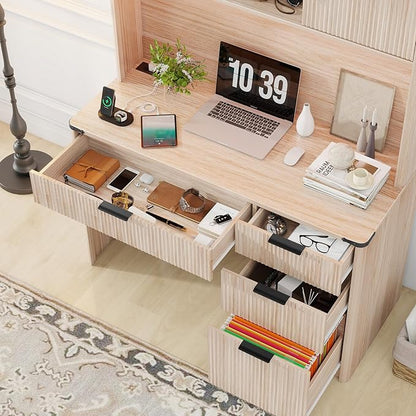 Vabches 67" H Executive Desk with Fluted Drawers,4 Drawers Fluted Computer Desk with LED Light,Charging Hub,Wood Workstation with Hutch and Sliding Barn Doors for Work and Study