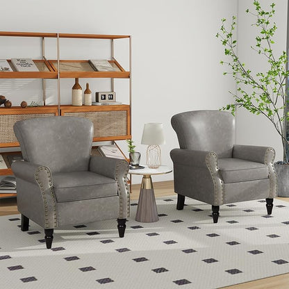 Accent Chair, Mid Century Modern Faux Leather Arm Chair with Wood Leg for Living Room, Bedroom, Comfy PU Leather Club Reading Chairs with Wingback & Nailhead Trim (Leather Grey, Set of 1)