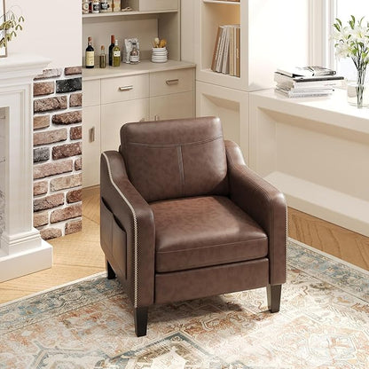 PU Leather Accent Chair Set of 2, Mid-Century Modern Living Room Armchair Sofa with Removable Cushions & Stitched Armrest Design, Bedroom Chair with Plastic Legs, Chocolate Brown