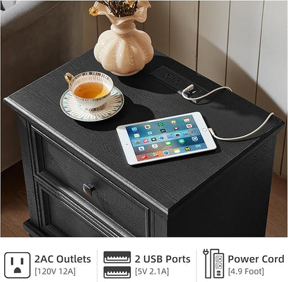 Farmhouse Nightstand with Charging Station, Rustic Low Night Stand with 2 Drawers, Mid-Century Modern End Table with 4 Square Solid Wood Legs, Small Dresser for Bedroom, Home, Black