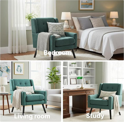 Mid-Century Modern Accent Chair, Plush Linen Fabric with Button Tufted High Back & 5" Thick Cushion, High Comfort Reading Chair for Living Room, Bedroom, Office (Green)