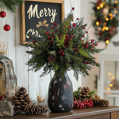 10PCS Artificial Pine Branches with Red Berry Pine Cones Artificial Needles Branches Greenery Stems Fake Greenery Floral Arrangements