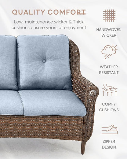 Patio Loveseat Outdoor Wicker Sofa - Heavy Duty All-Weather Brown Rattan 2-Person Sofas with High Back and Comfortable Thick Cushions for Garden Back Porch Poolside Apartment - Baby Blue