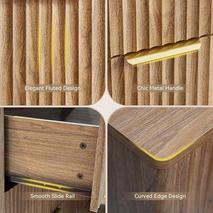 CARPETNAL Fluted 7 Drawer Dresser for Bedroom, 55" Wide Wooden Chest of Drawers with Rounded Corners, Gold Handles, Modern Storage Organizer for Bedroom, Hallway(Walnut)