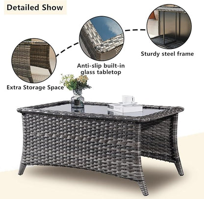 Rilyson Wicker Outdoor Patio Furniture Set - 6 Piece Patio Conversation Sets with Swivel Rocker Chairs, Ottomans, Sofa and Coffee Table, 6 inch Cushions, Deep Seating, for Porch Deck Mixed Grey/Blue