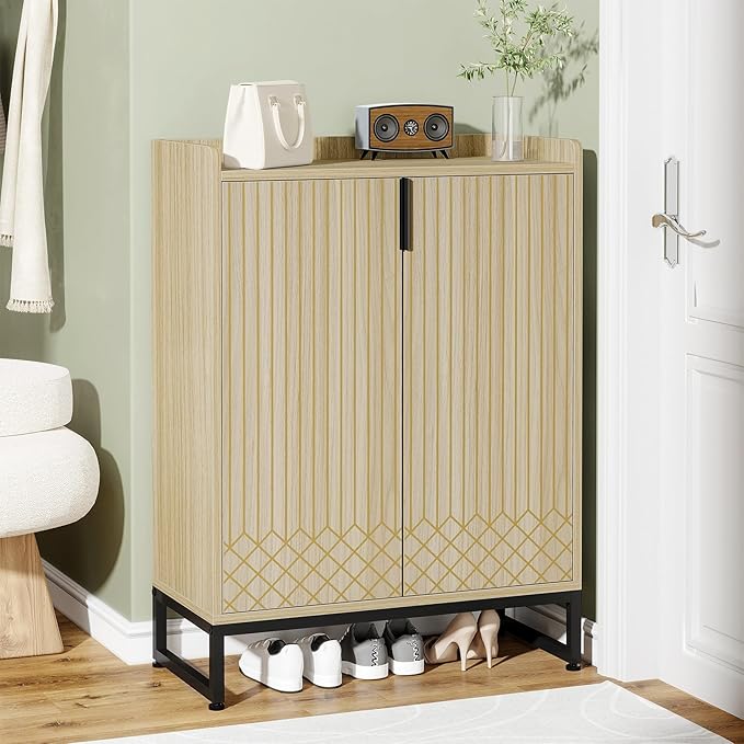 Tribesigns Shoe Cabinet with Doors,Natural 5 Tiers Shoe Storage Cabinet for Entryway, 25 Pairs Wooden Shoe Rack Cabinet, Modern Shoe Organizer Storage for Living Room, Bedroom, Hallway, Closet