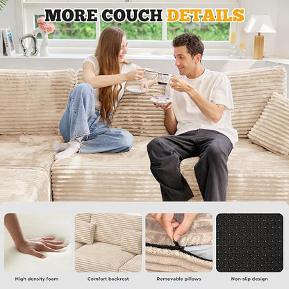 113" Modular Sectional Sofa Bed, Convertible Cloud Couches for Living Room with Ottoman, 6 Seater Corduroy Boneless Couch Sleeper Sofa Set, No Assembly Required, Khaki 1 PCS