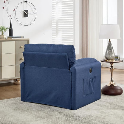 Oversized Accent Chair 38" Wide Mid-Century Modern Armchair for Living Room,USB and Type-C Ports,Comfy Reading Chairs for Bedroom with Side Pockets,Single Sofa Chair (Blue, Set of 1)