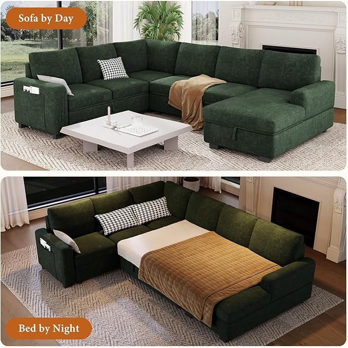 Vesgantti 113.6" Modular Sectional Sofa with Pull Out Couch Bed, 7 Seater U Shaped Sleeper Sofa with Storage Chaise, Chenille Sectional Couch for Living Room, Bedroom, Apartment, Green