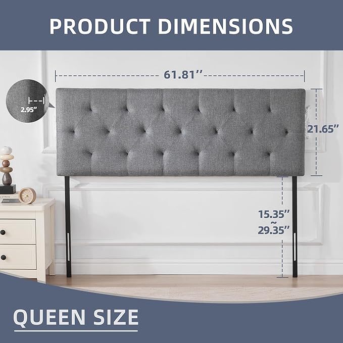 Linen Upholstered Headboard Queen Size, Modern Diamond Tufting Solid Wood Queen Headboard Only, Adjustable Height from 37” to 51” Head Board, Bed Frame or Wall Mount Headboards, Light Grey