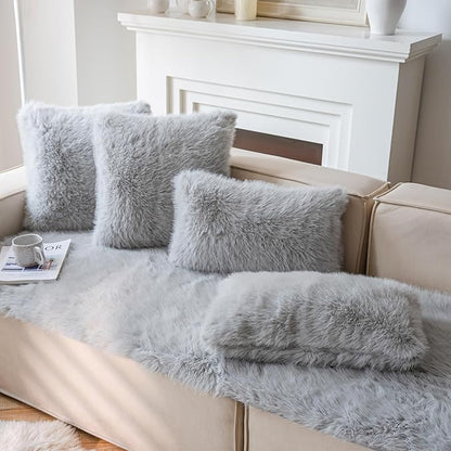 Neelvin Light Grey Faux Fur Cozy Fluffy Double-Sided Decorative Throw Pillow Covers 18x18 inch Set of 2,Velvet Pillowcase Cushion Case for Sofa Couch