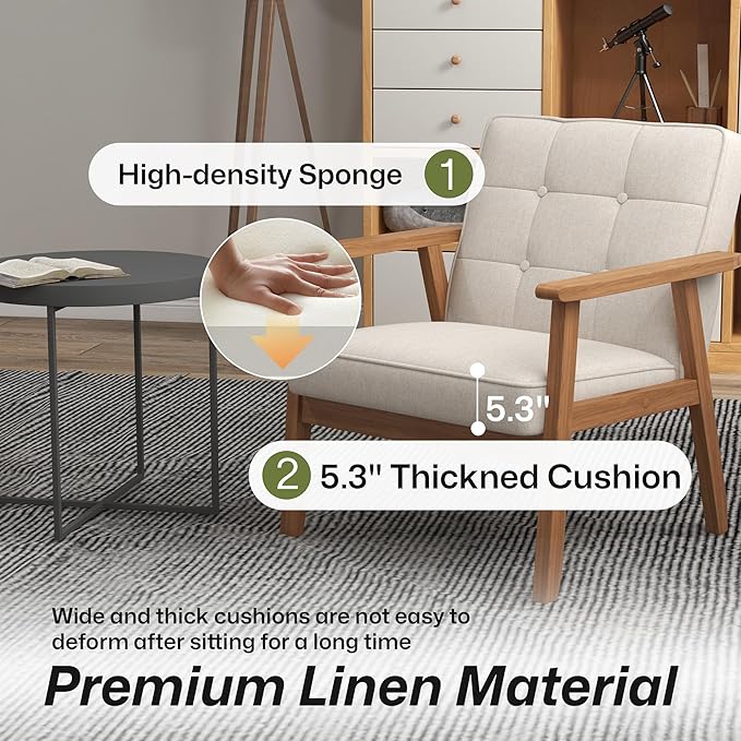 Modern Accent Chair with Arm Rest, Upholstered Linen Fabric Leisure Chair Comfy Side Chair with Backrest Button and Wooden Frame for Living Room Bedroom Reading(Beige), 1 PC