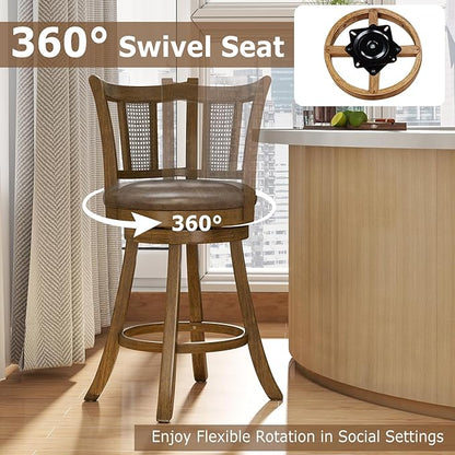 COSTWAY Counter Height Barstools Set of 4, 25” Solid Rubber Wood Swivel Counter Chairs with Faux Leather Seat, Curved PE Rattan Back, for Living Room & Kitchen Island, Brown (4, 25” Seat Height)