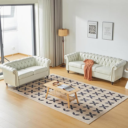LEVNARY Leather Sofa, Chesterfield Tufted Upholstered 2 Seater Couch, Modern Loveseat Couch Classic Furniture for Living Room Bedroom (Cream White)