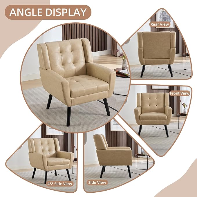 Dolonm Midcentury Modern Leather Accent Chair with Arms, Upholstered Reading Side Chair Tufted Back Decorative Wingback Chair for Living Room Bedroom (Khaki-PU)