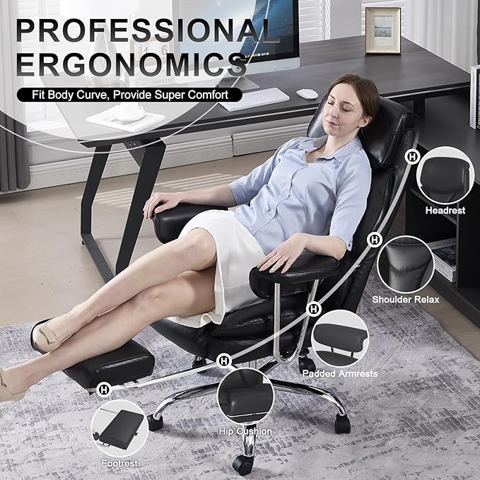 Big and Tall Office Chair, Executive Home Office Desk Chair, Comfy Leather High-Back Reclining Computer Chair with Retractable Footrest and Padded Arms, 360°Swivel Rolling Wheels, Wide Seat, Black
