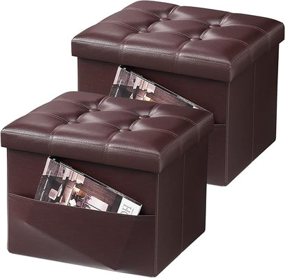 AmasSmile 2PC Storage Ottoman Folding Foot Rest Stool with Side Pocket, 16 inch Leather Footstool Bench, Short Ottoman Bench, Storage Foot Rest Store, Books, Brown
