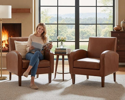 Brown Faux Leather Accent Chair Set of 1, Mid Century Modern Upholstered Arm Chair with Wooden Legs, Comfy Reception Office Club Reading Chairs Side Lounge Chairs for Living Room Bedroom