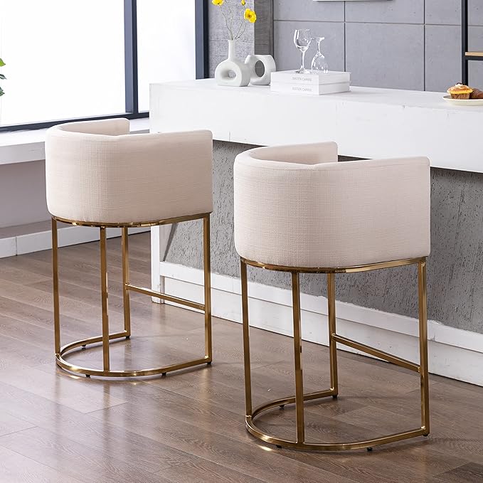 Contemporary Cream Linen Bar Stool, 29" Upholstered Fabric Counter Height Barstool Kitchen Counter Island Stool with Golden Metal Base