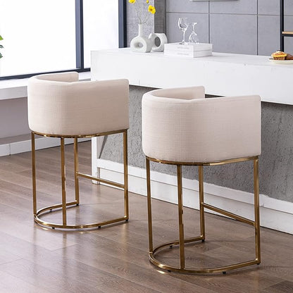 Contemporary Cream Linen Bar Stool, 29" Upholstered Fabric Counter Height Barstool Kitchen Counter Island Stool with Golden Metal Base