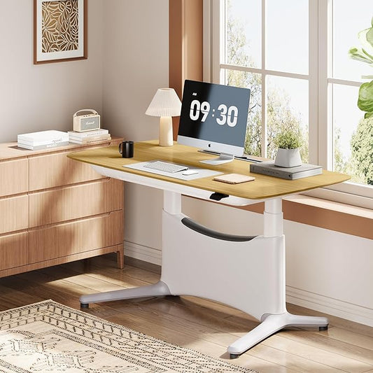 COLAMY Electric Standing Desk, Whole-Piece Gaming Desk with Dual Motors, Ergonomic Footrest, Drawers for Storage, Adjustable Height Sit-Stand Desk for Home Office (Veneer Desktop, Oak + White)
