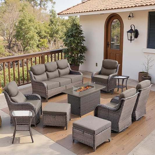 Belord Luxury 6" Thick Cushioned 10 Pieces Patio Furniture Set with Fire Pit Table, Wicker Outdoor Conversation Set with High Back Swivel Rocker Chairs for Deck Porch Yard and Poolside - Brown+Grey