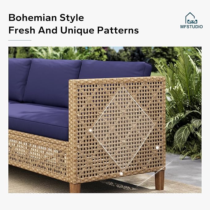 MFSTUDIO Wicker Patio Furniture Set, L Shaped Outdoor Couch Set, Rattan Outdoor Sectional Sofa with Acacia Wood Coffee Table, 3 Pieces Small Patio Conversation Set for Backyard, Navy Blue