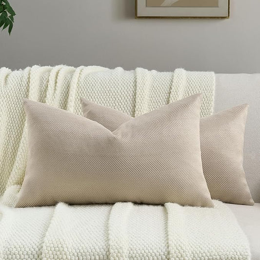 FUTEI Oatmeal Chenille Throw Pillow Covers 12x20 Inch Set of 2,Soft Wide Chevron Textured Lumbar Pillow Cases,Farmhouse Home Decor for Couch Bed Living Room