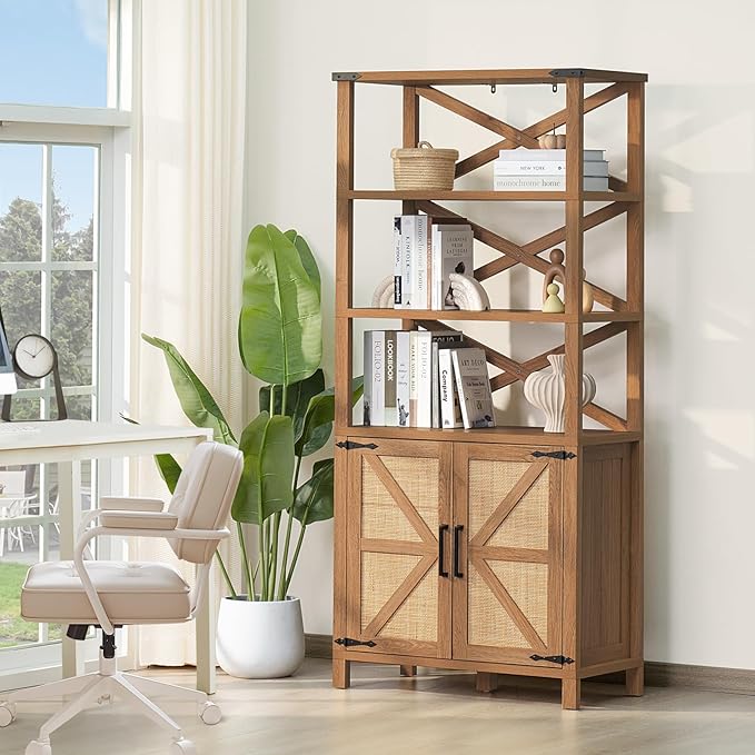 5 Tier Bookshelf 70" Rattan Boho Tall Bookcase with Barn Doors,Farmhouse Display Book Shelf with Adjustable Shelves and Storage Cabinet,Wood Bookshelves for Living Room,Kitchen,Natural (3PCS)