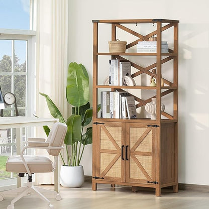 5 Tier Bookshelf 70" Rattan Boho Tall Bookcase with Barn Doors,Farmhouse Display Book Shelf with Adjustable Shelves and Storage Cabinet,Wood Bookshelves for Living Room,Kitchen,Natural (3PCS)