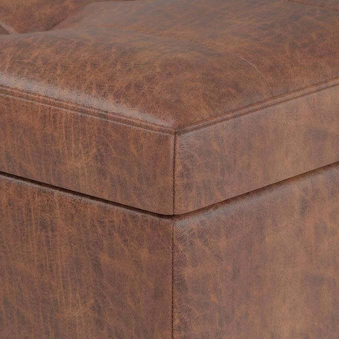 SIMPLIHOME Shay 48 inch Wide Mid Century Modern Rectangular Storage Ottoman in Distressed Saddle Brown Vegan Faux Leather, Assembled, For the Living Room, Entryway and Family Room