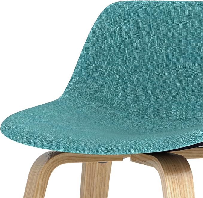 SIMPLIHOME Randolph Counter Stools (Set of 2) - 28 Inch Seat Height Upholstered Bentwood Kitchen Seats in Aqua Blue Polyester Linen Fabric, Mid Century Seating with Curved Backrest and Footrest