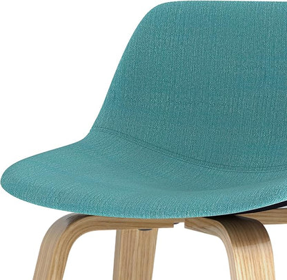SIMPLIHOME Randolph Counter Stools (Set of 2) - 28 Inch Seat Height Upholstered Bentwood Kitchen Seats in Aqua Blue Polyester Linen Fabric, Mid Century Seating with Curved Backrest and Footrest