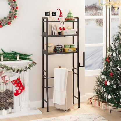 Over The Toilet Storage, 3-Tier Metal Over Toilet Bathroom Organizer Shelf with Adjustable Shelf with Toilet Paper Holder & Hooks Black