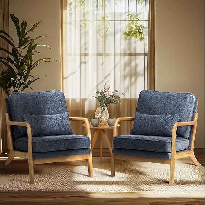 COLAMY Mid Century Modern Accent Chair with Lumbar Pillow, Relaxing Armchair with Solid Wood Frame & Soft Cushion, Reading Leisure Chair for Living Room,Bedroom,Waiting Room（Blue）