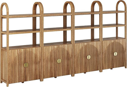 BELLEZE Book Shelf 72" Tall Arched Bookcase with Storage, 5 Tier Mid Century Modern Fluted Bookshelf with Doors, Modular Bookshelves for Living Room Office Library, Set of 4 (Caramel Brown)