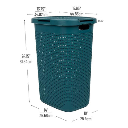 Mind Reader Slim Laundry Hamper with Lid, 60L Clothes Basket, Premium Wicker Design, Plastic, Blue